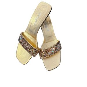 Elegant Y2K Gold Sandals with Multicolor Embellishments by Pancaldi